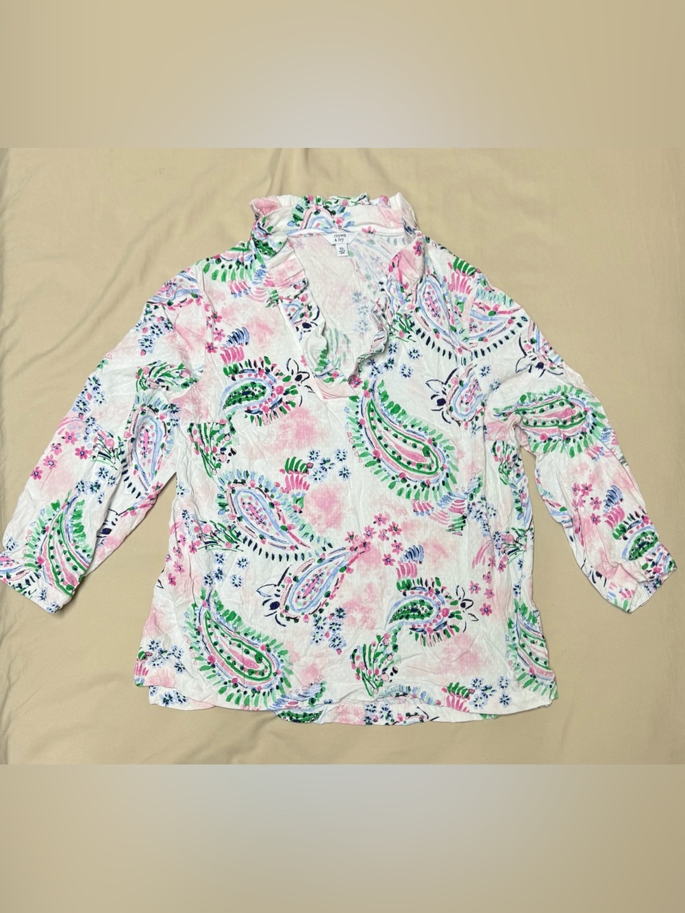 crown & ivy Pink and Green Paisley Ruffle V-Neck Blouse
